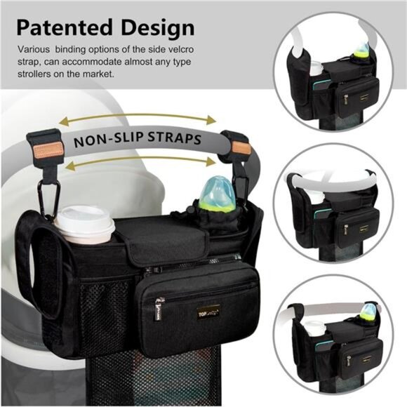Baby stroller organizer caddy with cup holders mesh bag diaper storage black - Picture 4 of 7